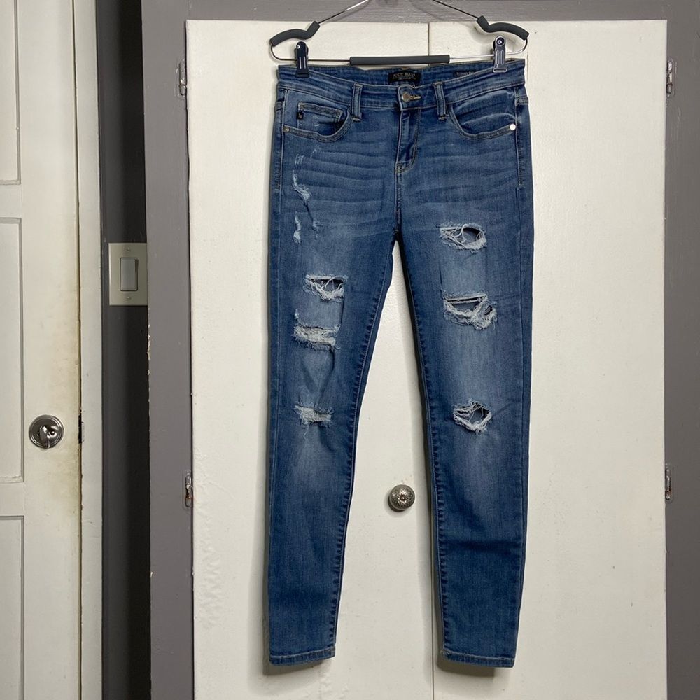 Judy Blue Womens Skinny Fit Distressed Denim Jeans Light Wash Blue Size 11/30